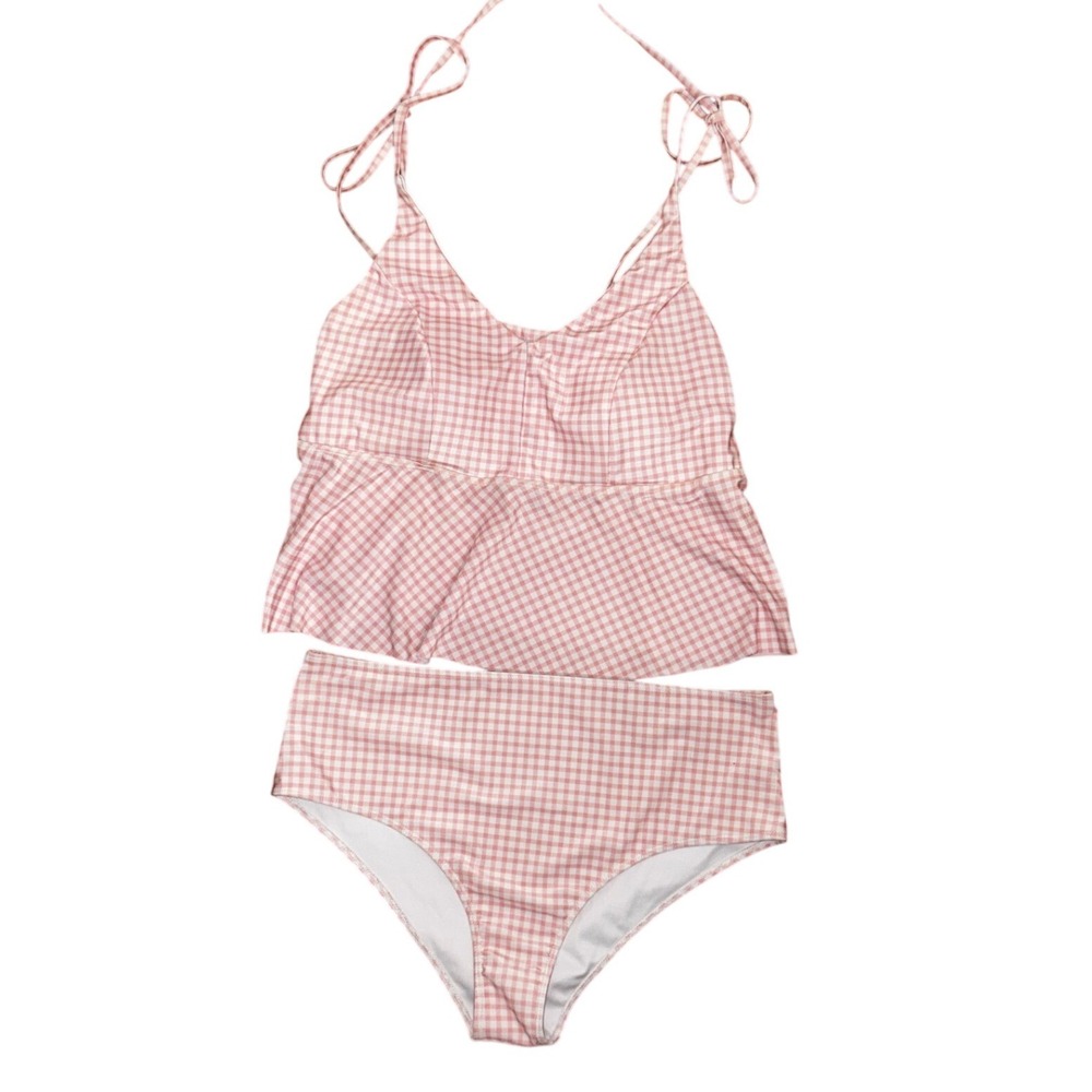 Simply Southern Pink Gingham Tankini Swimsuit Set High Waisted 2 Piece Large
